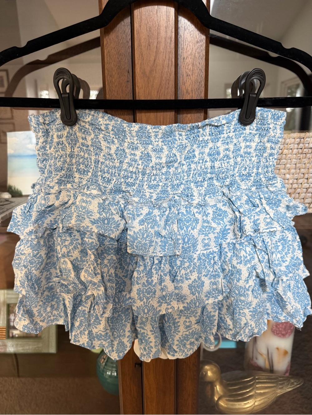 H&M White and Light Blue Floral Ruffle Mini Skirt